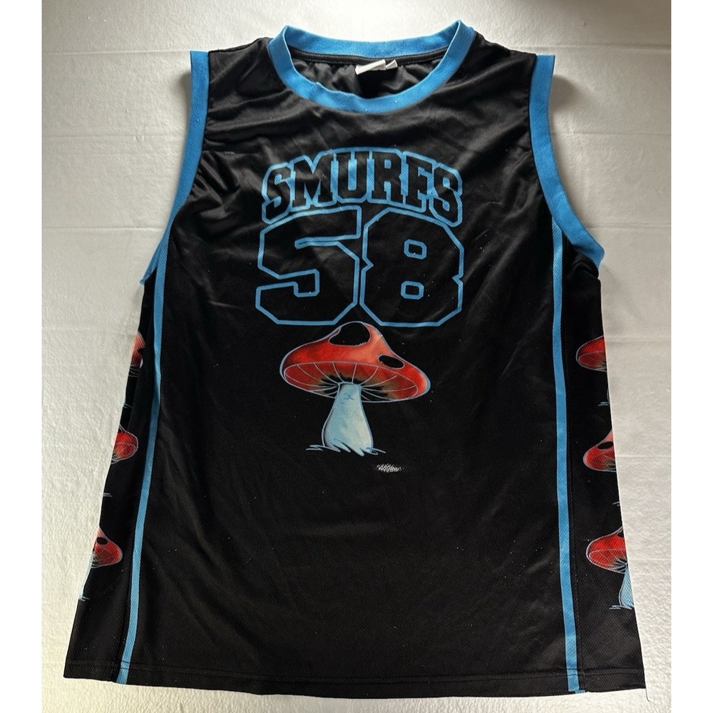 Smurfs Black Mesh Mushroom Graphic Print‎ Basketball Jersey Tank Size Small